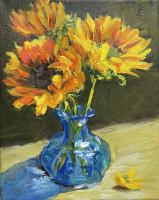 Sunflowers in Blue Glass by Madeleine Shulman